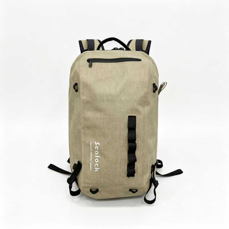 Sealock SL-E724 30L welded waterproof clamshell backpack, front view in sand